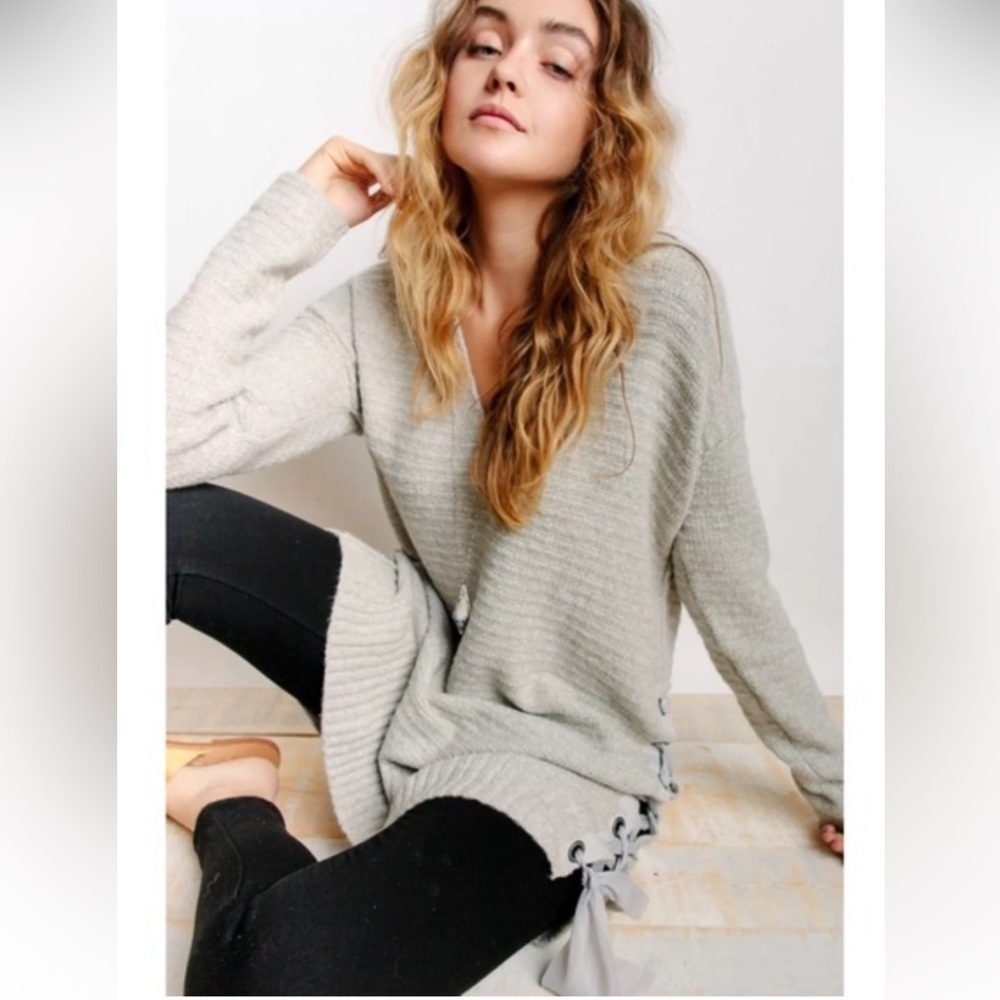 Free People Heart It Boho Side Lace Up Long V-Neck Sweater Dress Cozycore - Picture 4 of 15